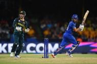.brahim Zadran of Afghanistan bats as Matthew Wade of Australia looks on during the ICC Men's T20 Cricket World Cup West Indies & USA 2024 Super Eight match between Afghanistan and Australia at Arnos Vale Ground on June 22, 2024 in St Vincent, Saint Vincent and The Grenadines. (Photo by Gareth Copley/Getty Images).